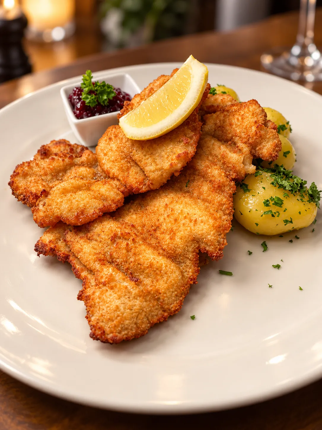 Wiener Schnitzel mit Zitrone, Preiselbeeren und Kartoffeln