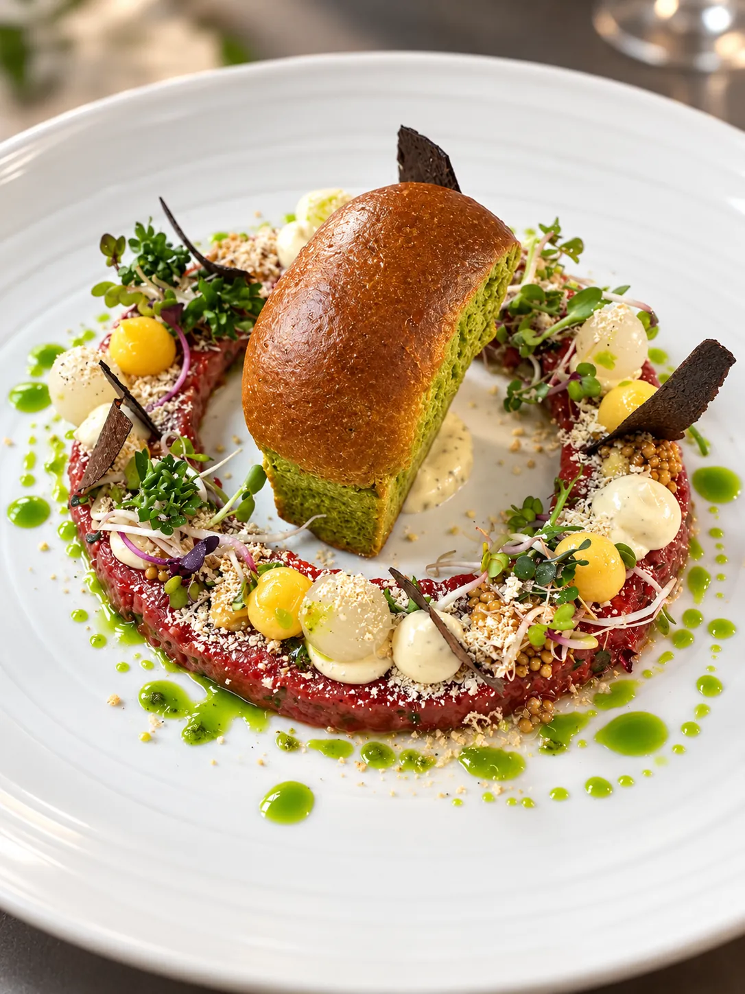 Rote-Bete-Tatar mit Kräuterbrioche, fein angerichtet