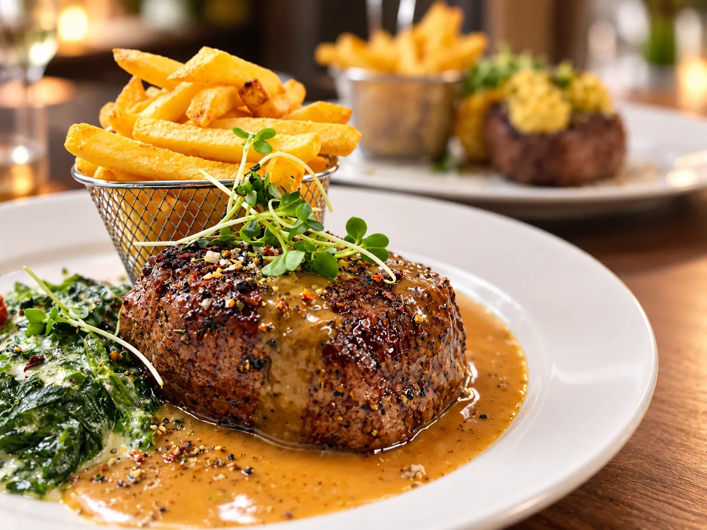 Steak mit Pfeffersauce, Blattspinat und Pommes