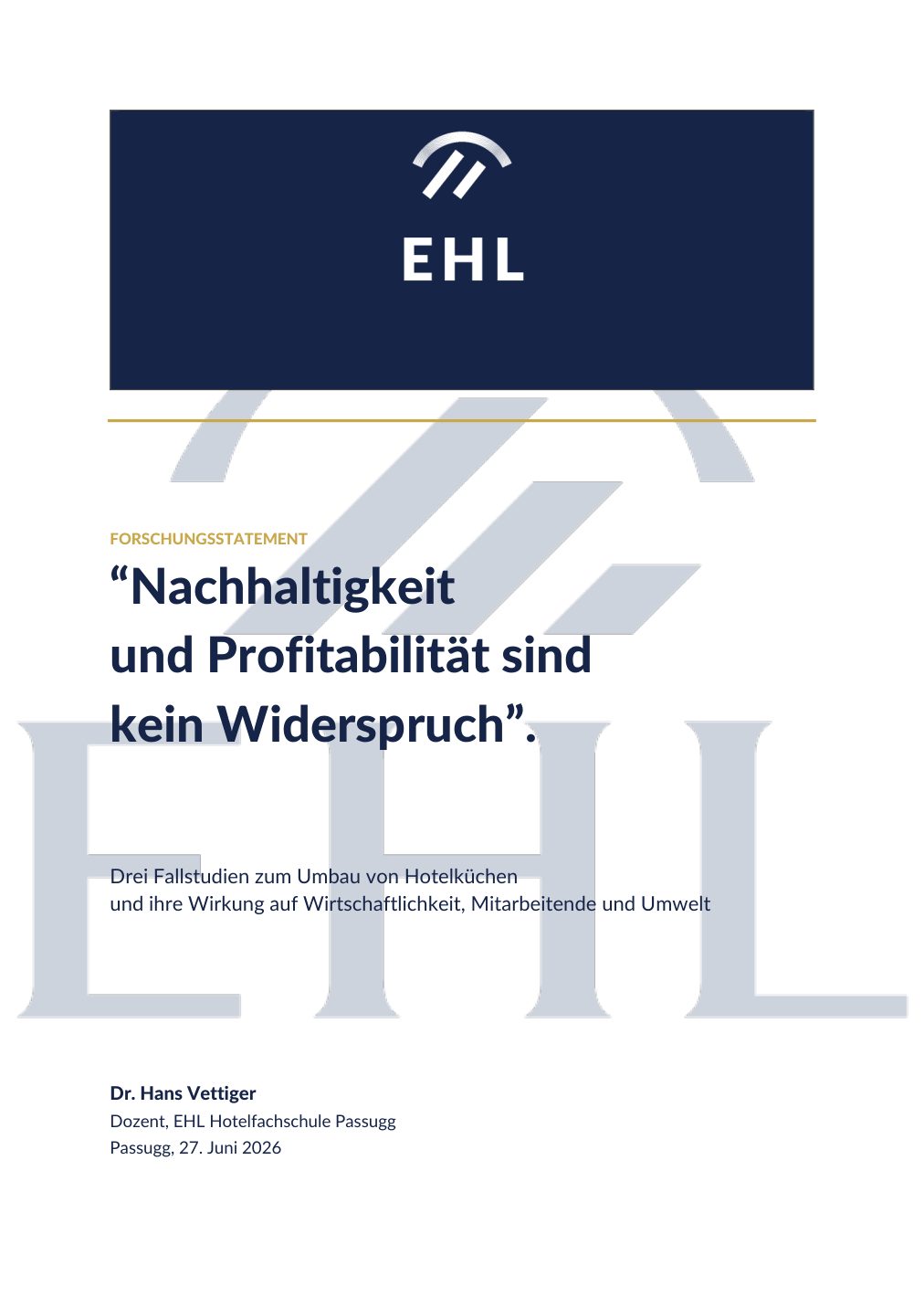 Forschungsstatement Dr. Hans Vettiger, Seite 1: Deckblatt